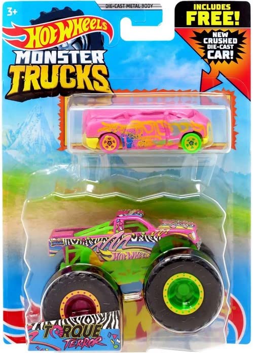 Monster Trucks Torque Terror with Free Crushed car, 1:64 Scale diecast Truck (Pink)