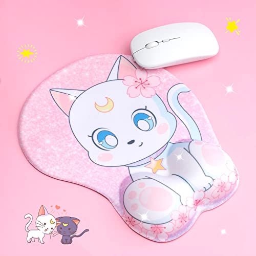 BelugaDesign Cat Mouse Pad | Cute Kawaii Squishy Pink White Sailor Pastel Moon Flower Sakura Star Paw Anime Mousepad | Gaming Desk Office Computer Ergonomic Wrist Rest Support Cushion
