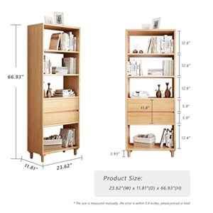 IOTXY Floorstanding Wooden Bookcase with Legs - 67" Tall Open Shelves Cube Billy Bookshelf with Drawers for Home and Office, Oak