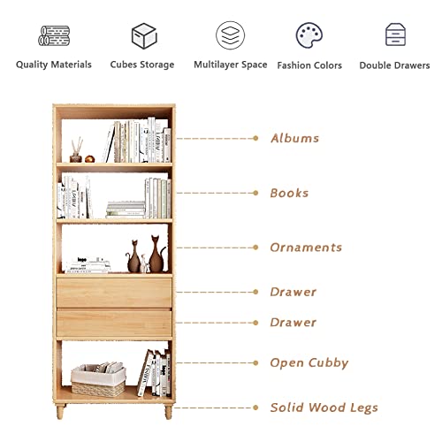 IOTXY Floorstanding Wooden Bookcase with Legs - 67" Tall Open Shelves Cube Billy Bookshelf with Drawers for Home and Office, Oak