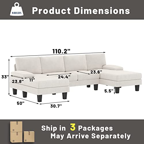 YESHOMY Convertible Sectional U-Shaped Couch with Soft Modern Cotton Chenille Fabric for Living Room, 6 Seats Oversized Sofas with Comfortable Backrest, Cream White