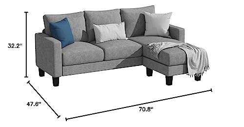 YESHOMY Convertible Sectional 3 L-Shaped Couch Soft Seat with Modern Linen Fabric, Small Space Sofas for Living Room, Apartment and Office, 70'', Gray