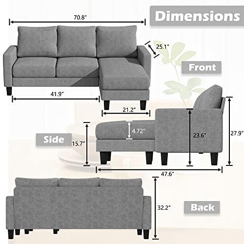 YESHOMY Convertible Sectional 3 L-Shaped Couch Soft Seat with Modern Linen Fabric, Small Space Sofas for Living Room, Apartment and Office, 70'', Gray