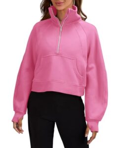 womens sweatshirts half zipper crop pullover funnel neck fleece lined zip up long sleeve tops thumb hole pink