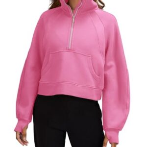 Womens Sweatshirts Half Zipper Crop Pullover Funnel Neck Fleece Lined Zip Up Long Sleeve Tops Thumb Hole Pink