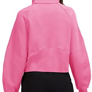 Womens Sweatshirts Half Zipper Crop Pullover Funnel Neck Fleece Lined Zip Up Long Sleeve Tops Thumb Hole Pink