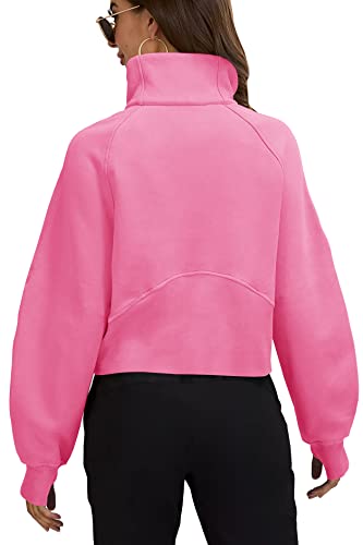 Womens Sweatshirts Half Zipper Crop Pullover Funnel Neck Fleece Lined Zip Up Long Sleeve Tops Thumb Hole Pink