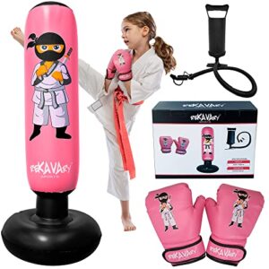 pink inflatable punching bag for kids complete with boxing gloves and pump. for immediate bounce back for practicing mixed martial arts, boxing, taekwondo, karate. perfect toy for girls 4-12