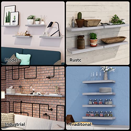 Boswillon Wall Mounted Floating Shelves, 4 Sets Farmhouse Wall Shelves for Bedroom with Invisible Brackets, Modern Shelves for Wall Decor, Wall Shelf for Bathroom, Kitchen, Living Room – Grey