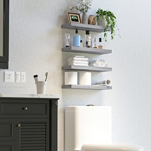 Boswillon Wall Mounted Floating Shelves, 4 Sets Farmhouse Wall Shelves for Bedroom with Invisible Brackets, Modern Shelves for Wall Decor, Wall Shelf for Bathroom, Kitchen, Living Room – Grey