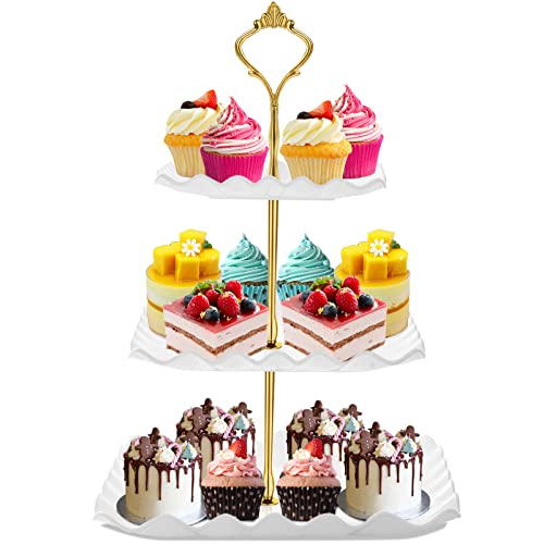 DAFURIET Dessert Cupcake Stand, 3 Tier Cup Cake Holder Tower for Tea Party/Birthday/Weeding, Plastic Tiered Serving Tray with Metal Rod (White)