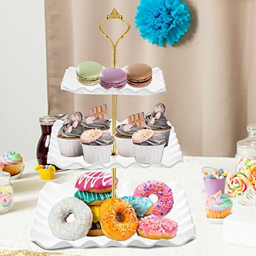 DAFURIET Dessert Cupcake Stand, 3 Tier Cup Cake Holder Tower for Tea Party/Birthday/Weeding, Plastic Tiered Serving Tray with Metal Rod (White)
