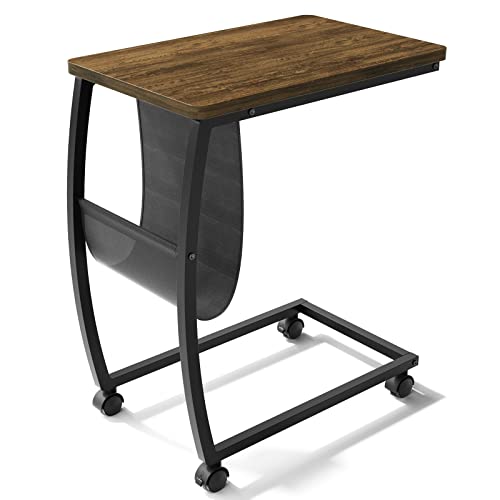 SRIWATANA Side Table, C Shaped End Table with Storage Pocket and Rolling Wheels for Laptop Coffee Snack, Light Walnut