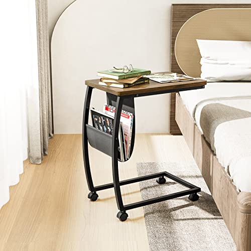 SRIWATANA Side Table, C Shaped End Table with Storage Pocket and Rolling Wheels for Laptop Coffee Snack, Light Walnut