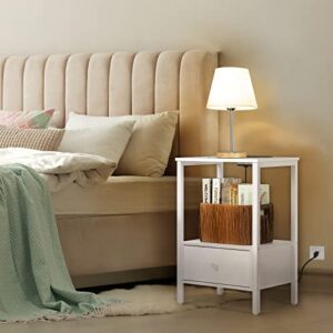 melos Side Table with Charging Station, Nightstand with USB Ports & Power Outlets, Narrow End Table with Drawer and Storage Shelf for Small Spaces, Bedside Tables for Bedroom, Living Room, White