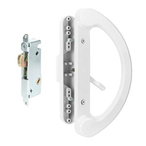 sankins sliding patio door handle pull set with mortise lock, full replacement white diecast non-keyed gate handle set for sliding glass door, fits 3-15/16” hole spacing