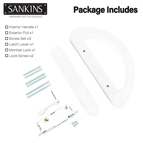 SANKINS Sliding Patio Door Handle Pull Set with Mortise Lock, Full Replacement White Diecast Non-Keyed Gate Handle Set for Sliding Glass Door, Fits 3-15/16” Hole Spacing