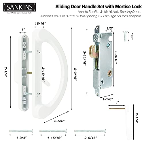 SANKINS Sliding Patio Door Handle Pull Set with Mortise Lock, Full Replacement White Diecast Non-Keyed Gate Handle Set for Sliding Glass Door, Fits 3-15/16” Hole Spacing