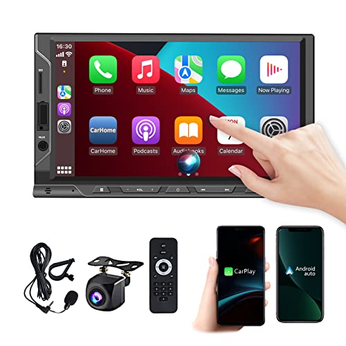 Double Din Car Stereo with CarPlay Android Auto 7 Inch HD Touchscreen Bluetooth Double Din Car Radio with Backup Camera, AM/FM Car Radio Receiver, USB/SD Port, A/V Input, Mirror Link