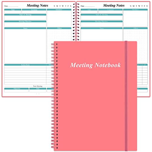 Meeting Notebook for Work with Action Items - A4 Spiral Project Planner Notebook for Note Taking, Office/ Business Meeting Notes Agenda Organizer for Men & Women, 80Sheets / 160 Pages, 8.5" x 11", Pink