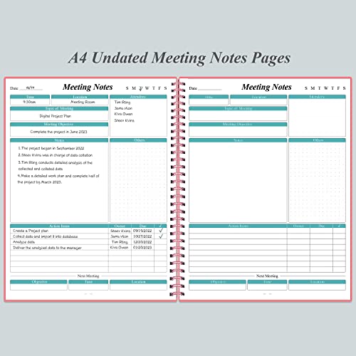 Meeting Notebook for Work with Action Items - A4 Spiral Project Planner Notebook for Note Taking, Office/ Business Meeting Notes Agenda Organizer for Men & Women, 80Sheets / 160 Pages, 8.5" x 11", Pink