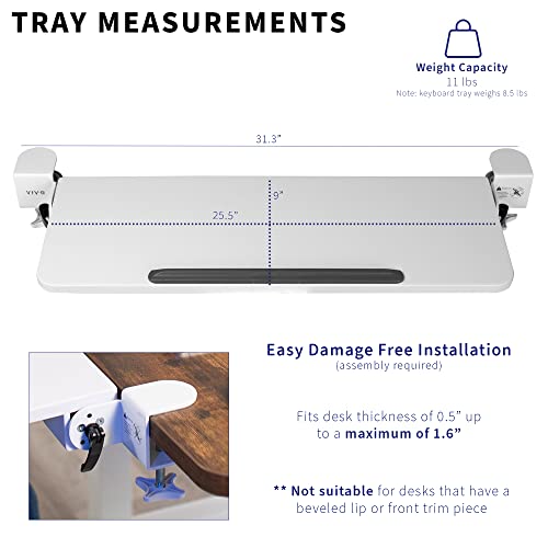 VIVO Clamp On Tilting Keyboard Tray, 26 (31 Including Clamps) x 9 inch Extension Platform for Typing and Mouse Work, Elbow and Arm Support Rest, White, MOUNT-KB06HW