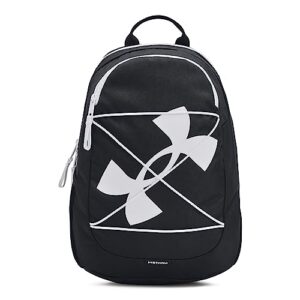under armour hustle play backpack, (001) black/black/white, one size fits most