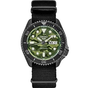 seiko srpj37 watch for men - 5 sports - automatic with manual winding movement, black stainless steel case, black rotating bezel, black nylon strap, and 100m water resistant