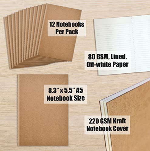 Kraft Notebooks with Lined Paper, Bulk Pack 8.3 in x 5.5 in, A5 Size, 60 Lined Ivory Pages, 80 gsm, by Better Office Products, Soft Cover Composition Notebooks, Stitched Spines, Kraft Travel Journals (12 Pack)