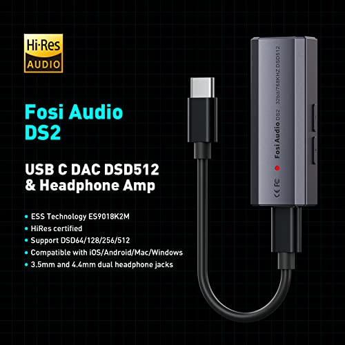 Fosi Audio DS2 Portable USB C DAC DSD512 ES9018K2M Headphone Amp HiFi Tiny Mixer with 3.5MM and 4.4MM Dual Headphone Outputs for Smartphones/PC/Laptop