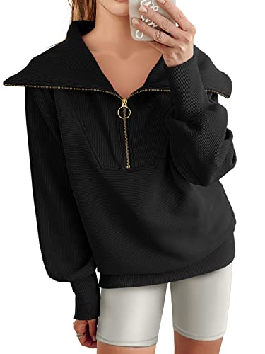 ANRABESS Womens Oversized Half Zip Pullover Sweatshirts Long Sleeve Lapel 1/4 Quarter Zip Up Hoodie Sweater 2023 Trendy Teen Girls Fall Y2k Clothes 808heise-M Black