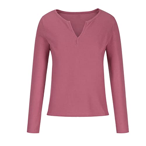 Womens V Neck Shirts Long Sleeve Waffle Knit Loose Fitting Warm Tee Tops Casual Solid Color Pullover Blouse Wine