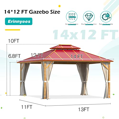 Erinnyees 12' x 14' Wood Grain Hardtop Gazebo, Outdoor Aluminum Composite Double Roof with Privacy Curtain and Mosquito Net for Patio, Lawn, Garden, Deck(Wood Looking, Wine Red)