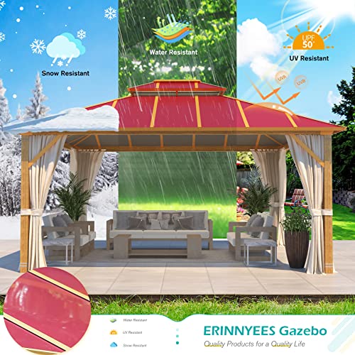 Erinnyees 12' x 14' Wood Grain Hardtop Gazebo, Outdoor Aluminum Composite Double Roof with Privacy Curtain and Mosquito Net for Patio, Lawn, Garden, Deck(Wood Looking, Wine Red)