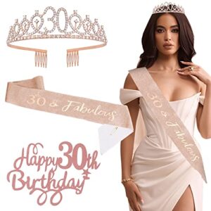 dasigjid 30th birthday crown & sash for women, rose gold birthday sash and tiara for women girls, princess queen crowns headbands for hair accessories decor, happy birthday party decorations gifts