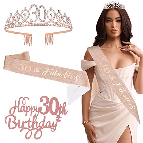 DASIGJID 30th Birthday Crown & Sash for Women, Rose Gold Birthday Sash and Tiara for Women Girls, Princess Queen Crowns Headbands for Hair Accessories Decor, Happy Birthday Party Decorations Gifts