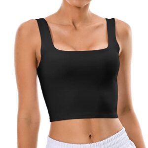 colorfulkoala women's body contour square neck tank tops sleeveless strappy crop double lined shirts(l, black)