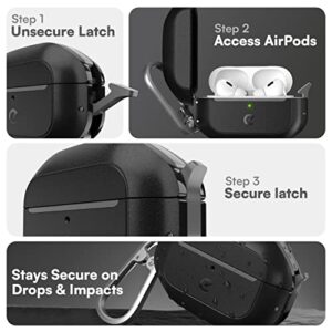 KeyBudz for AirPods Pro Case with Lock - Fully Waterproof AirPods Pro 2nd Generation Case Cover with Keychain, Rugged Tough Protection, Hard Shell and Carabiner for USB-C/Lightning Case (Carbon Black)