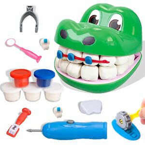 crelloci color dough dentist set tools crocodile doctor modeling clay kit drill and fill dough art & craft diy playset for toddlers kids 3 years and up toys party birthday gift.