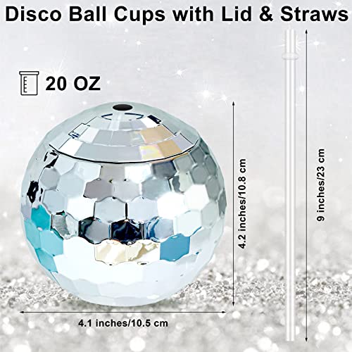 Breroa 8 Pieces 70s Disco Flash Ball Drinks Cups with Lid and Straw 20 Ounce Disco Party Cups 1970s Mirror Disco Cocktail Cups Sparkly Glitter Disco Bar Party Supplies, Silver