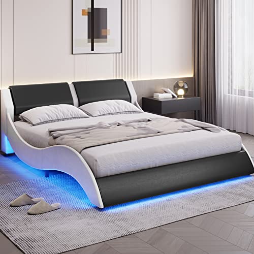 DICTAC Queen LED Bed Frame with Headboard Modern Low Profile Upholstered Platform Bed Frame with LED Lights Queen Size Faux Leather Wave-Like Bed Frame,Strong Wood Slats,Easy Assembly,Black+White