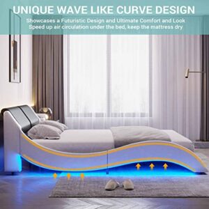 DICTAC Queen LED Bed Frame with Headboard Modern Low Profile Upholstered Platform Bed Frame with LED Lights Queen Size Faux Leather Wave-Like Bed Frame,Strong Wood Slats,Easy Assembly,Black+White