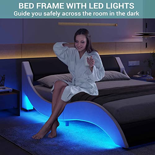 DICTAC Queen LED Bed Frame with Headboard Modern Low Profile Upholstered Platform Bed Frame with LED Lights Queen Size Faux Leather Wave-Like Bed Frame,Strong Wood Slats,Easy Assembly,Black+White