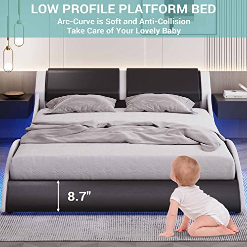 DICTAC Queen LED Bed Frame with Headboard Modern Low Profile Upholstered Platform Bed Frame with LED Lights Queen Size Faux Leather Wave-Like Bed Frame,Strong Wood Slats,Easy Assembly,Black+White