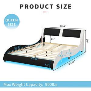 DICTAC Queen LED Bed Frame with Headboard Modern Low Profile Upholstered Platform Bed Frame with LED Lights Queen Size Faux Leather Wave-Like Bed Frame,Strong Wood Slats,Easy Assembly,Black+White