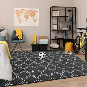 Chicrug Shag Geometric Modern Area Rug for Bedroom, 5x7 Feet Memory Foam Indoor Carpet, Fluffy Rug for Living Room Bedside Room Decor for Family Girls Kids Nursery Play Mat, Dark Grey/White