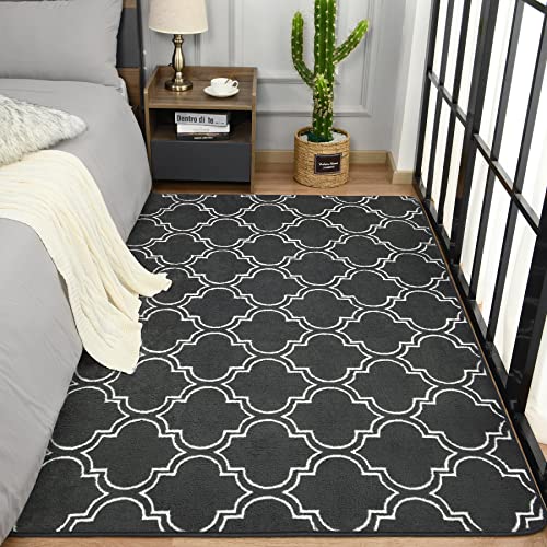 Chicrug Shag Geometric Modern Area Rug for Bedroom, 5x7 Feet Memory Foam Indoor Carpet, Fluffy Rug for Living Room Bedside Room Decor for Family Girls Kids Nursery Play Mat, Dark Grey/White