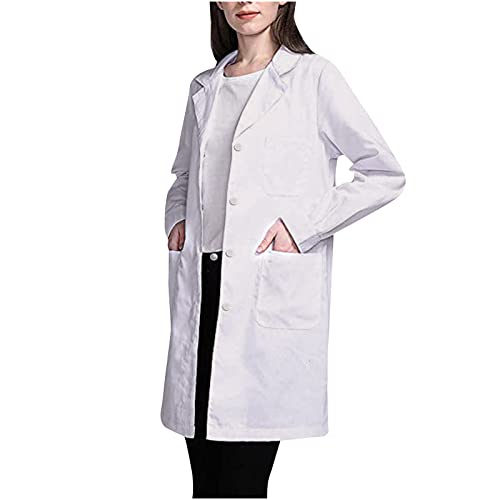 ViYW Professional Lab Coat for Women Long Sleeve White Button Down Jackets Midi Length Notch Lapel Nurse Jacket with Pockets