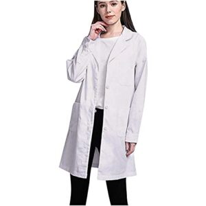 ViYW Professional Lab Coat for Women Long Sleeve White Button Down Jackets Midi Length Notch Lapel Nurse Jacket with Pockets