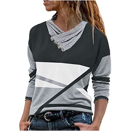 Petite Tops for Women Casual V Neck T Shirts Geometric Print Long Sleeve Blouse with Button Decor Winter Basic Pullover Black